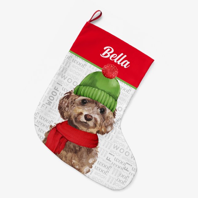 Christmas Cockapoo with Dog's Name Large Christmas Stocking (Front (Hanging))