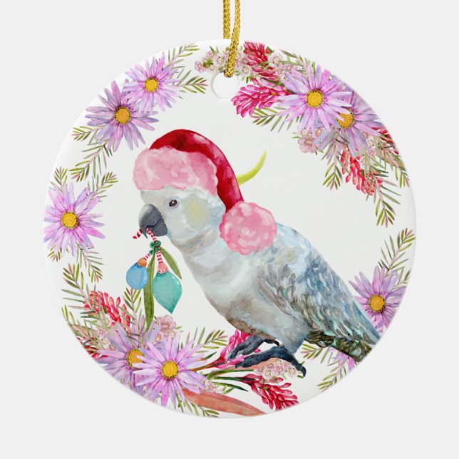 Christmas Cockatoo Botanicals Ceramic Ornament (Front)