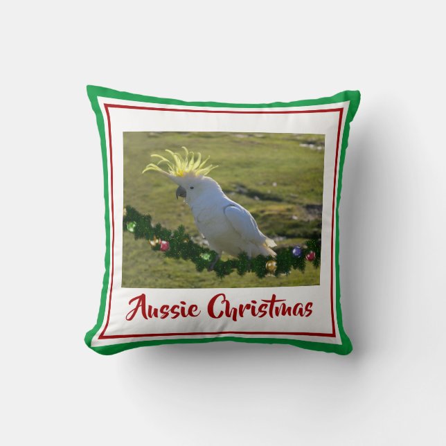 Christmas Cockatoo on Decorated Pine Bough Throw Pillow (Front)