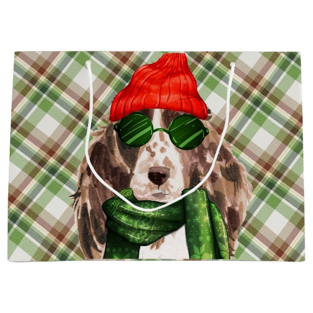 Christmas Cocker Spaniel Dog and Plaid Holiday Large Gift Bag (Front)