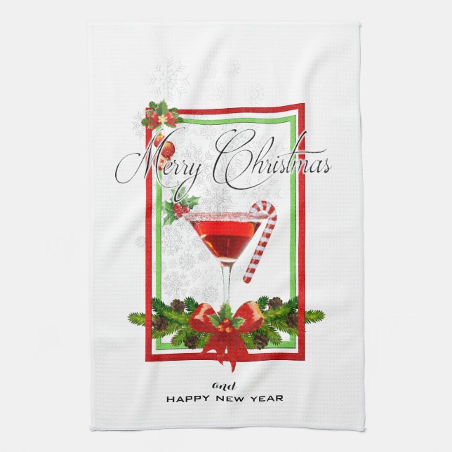 Christmas Cocktail Watercolor Art Kitchen Towel (Vertical)