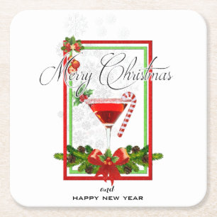 Christmas Cocktail Watercolor Art Square Paper Coaster