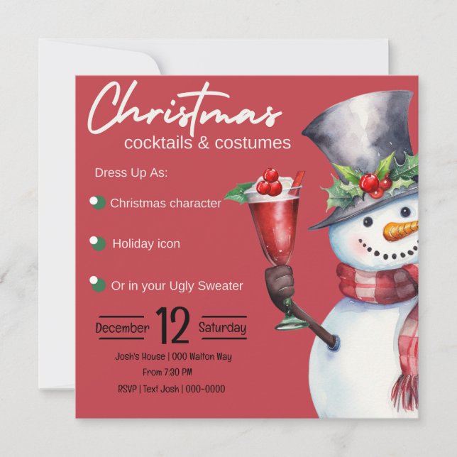 Christmas Cocktails and Costumes with Snowman Invitation (Front)