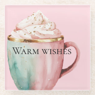 Christmas Cocoa Gold Blush Pink Mint Warm Wishes Glass Coaster