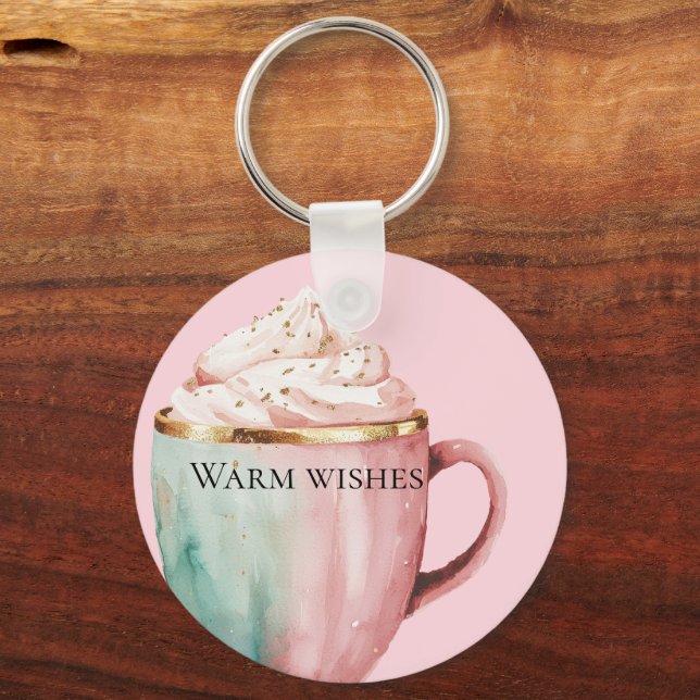 Christmas Cocoa Gold Blush Pink Mint Warm Wishes Keychain (Front)