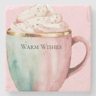 Christmas Cocoa Gold Blush Pink Mint Warm Wishes Stone Coaster
