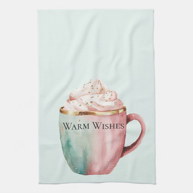 Christmas Cocoa Gold Pink Mint Warm Wishes Kitchen Towel (Vertical)