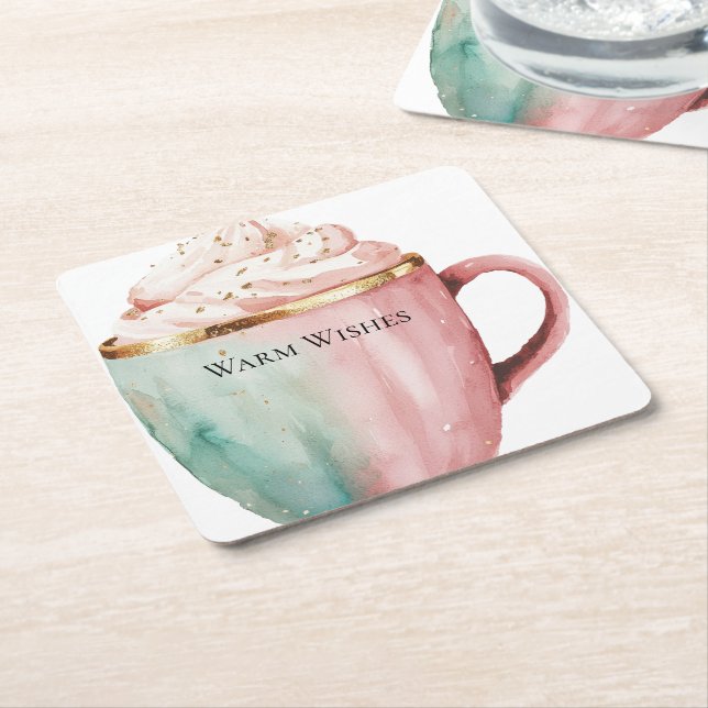Christmas Cocoa Gold Pink Mint Warm Wishes Square Paper Coaster (Angled)