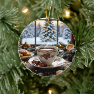 Christmas Coffee and Cookies Winter Window Scene Ceramic Ornament