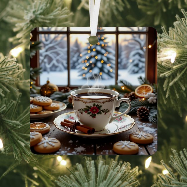 Christmas Coffee and Cookies Winter Window Scene Metal Ornament (Insitu)