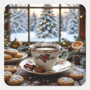 Christmas Coffee and Cookies Winter Window Scene Square Sticker