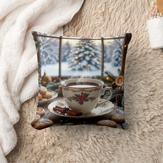 Christmas Coffee and Cookies Winter Window Scene Throw Pillow (Blanket)
