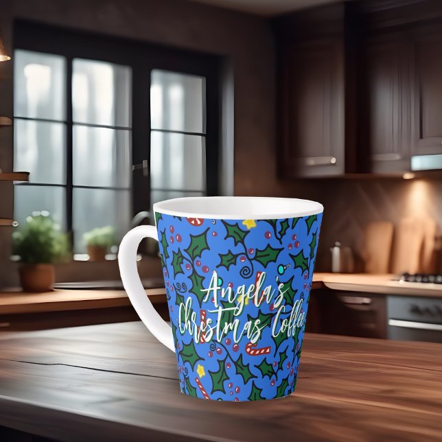 Christmas Coffee Blue Pattern Latte Mug (This is a hand-drawn design.)