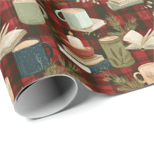 Christmas Coffee Cups Books Candles Rad Plaid  Wrapping Paper