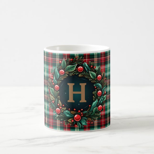 Christmas Coffee Plaid Gold Monogram Coffee Mug (Center)