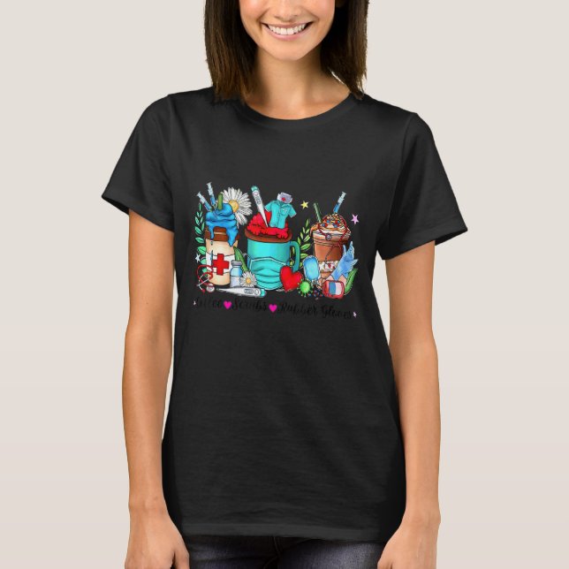 Christmas Coffee Scrubs Rubber Gloves  Xmas Nurse T-Shirt (Front)