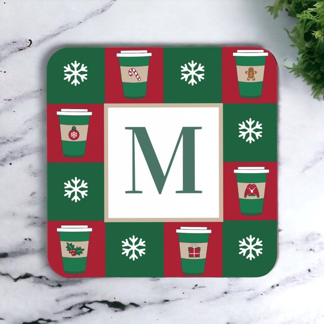 Christmas Coffees Snowflakes Holiday Monogram Coaster (Creator Uploaded)