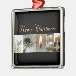 Christmas Collage Black, White and Gold Metal Ornament