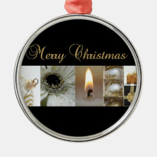 Christmas Collage Black, White and Gold Metal Ornament