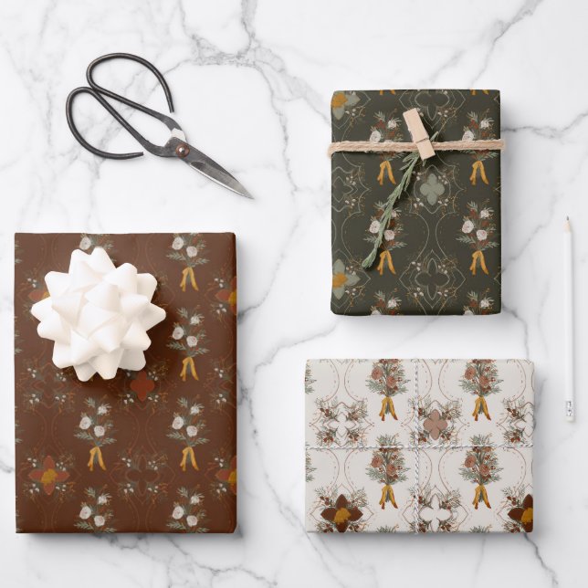 Christmas Collection | Floral Green, Red, Cream Wrapping Paper Sheet (Front)