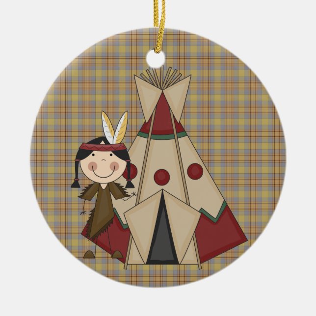Christmas Collection Native American Indian Girl Ceramic Ornament (Front)