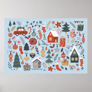 Christmas collection of decorative winter elements poster