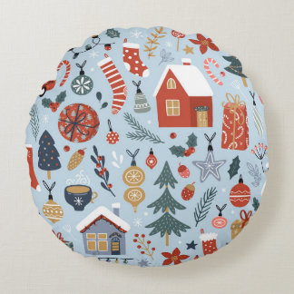 Christmas collection of decorative winter elements round pillow