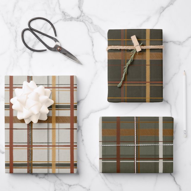 Christmas Collection | Plaids Green, Cream, Tan Wrapping Paper Sheet (Front)