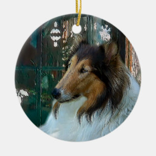 Christmas Collie at Window Ceramic Ornament