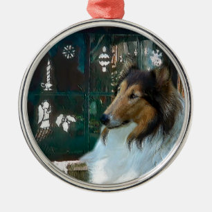 Christmas Collie at Window Metal Ornament