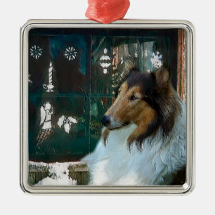 Christmas Collie at Window Metal Ornament