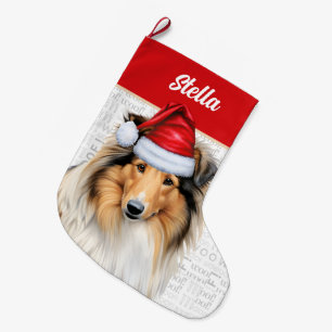 Christmas Collie Dog with Name Woof Background Large Christmas Stocking