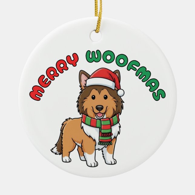 Christmas Collie Ornament: Merry Woofmas Ceramic Ornament (Front)
