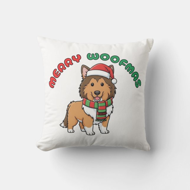 Christmas Collie Pillow: Merry Woofmas Throw Pillow (Front)