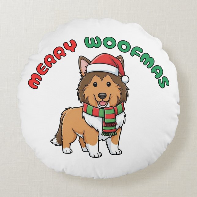 Christmas Collie Round Pillow: Merry Woofmas Round Pillow (Front)