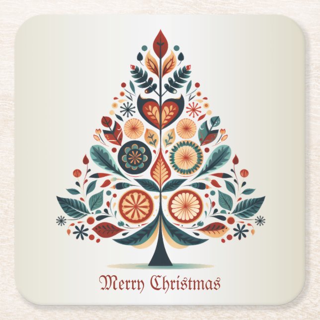Christmas Colorful Tree Scandinavia Folk Art Square Paper Coaster (Front)