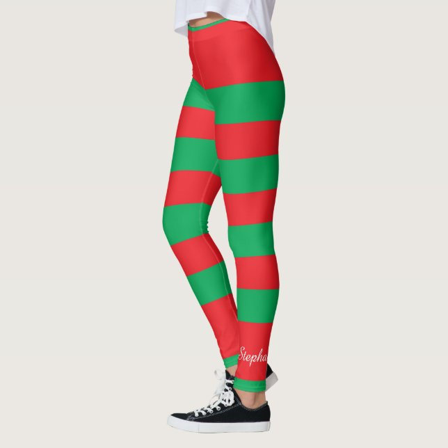 Christmas Colour, Red and Green Stripes, with Name Leggings (Left)