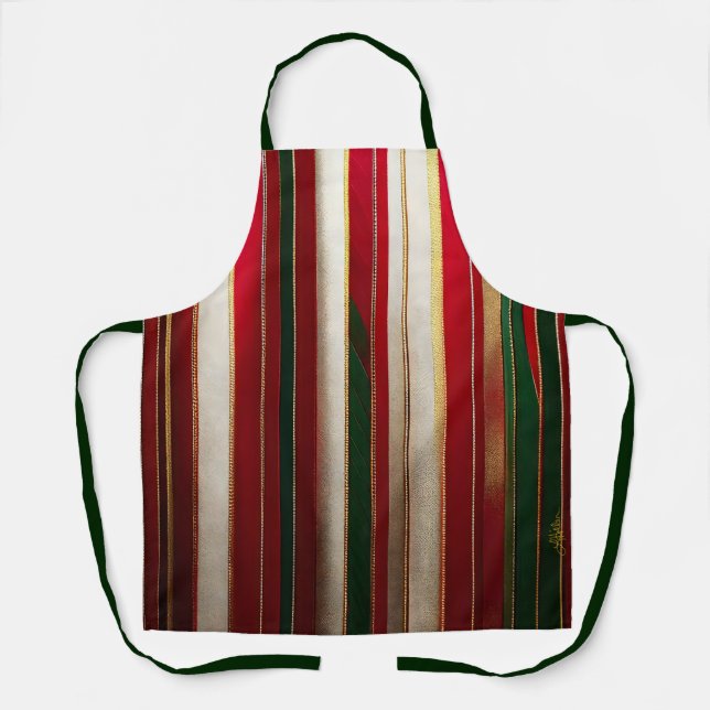 Christmas Colour Stripes Red Green White Gold Apron (Front)