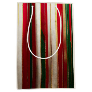Christmas Colour Stripes Red Green White Gold Medium Gift Bag