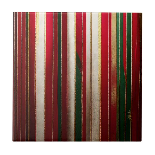 Christmas Colour Stripes Red Green White Gold Tile (Front)