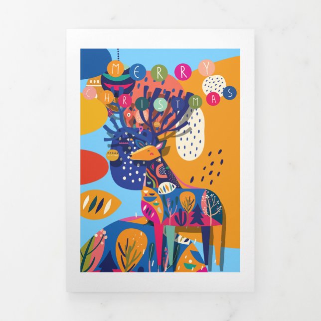 Christmas Colourful Abstract Reindeer Personalized Tri-Fold Holiday Card (Cover)