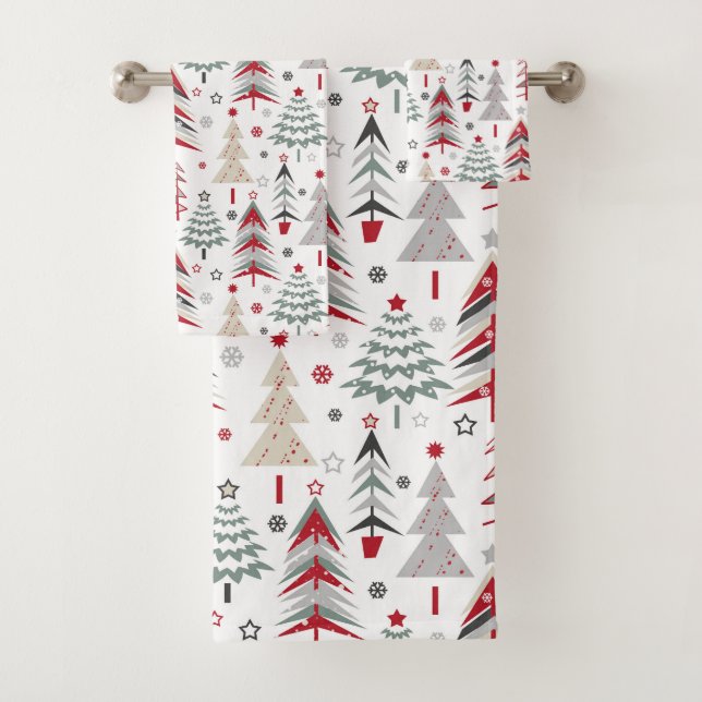 Christmas ,colourful ,Christmas tree ,red ,green Bath Towel Set (Insitu)
