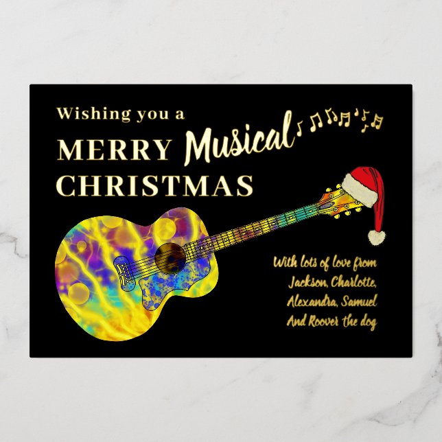 Christmas Colourful Guitar Personalized Gold Foil Holiday Card (Front)