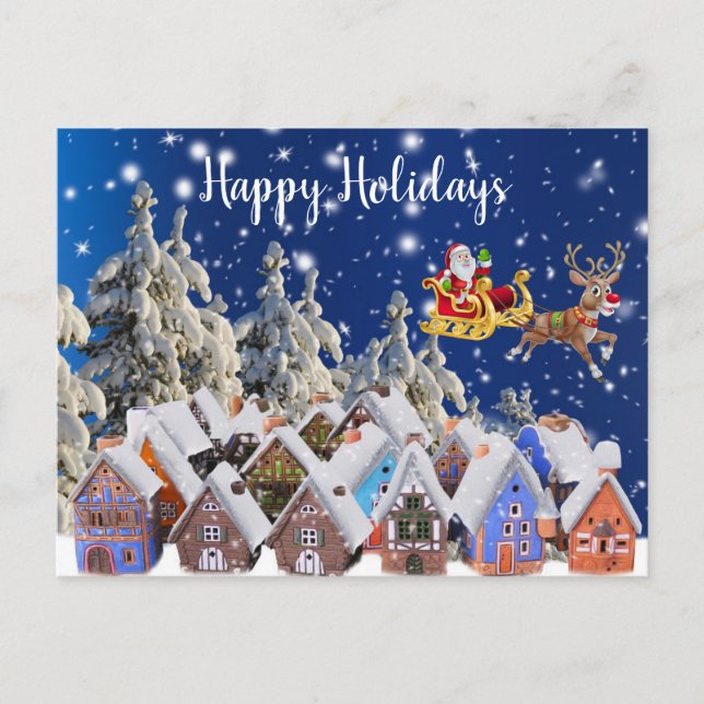 Christmas Colourful Holidays Golden Santa Sleigh Postcard (Front)