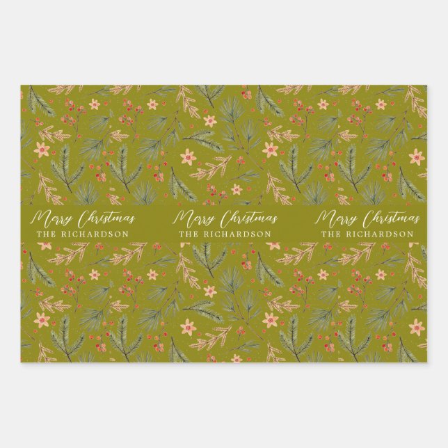 Christmas Colourful Minimal Botanical Floral Xmas Wrapping Paper Sheet (Front)