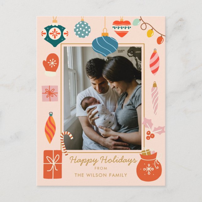 Christmas Colourful Ornament Cute Family Photo Holiday Postcard (Front)