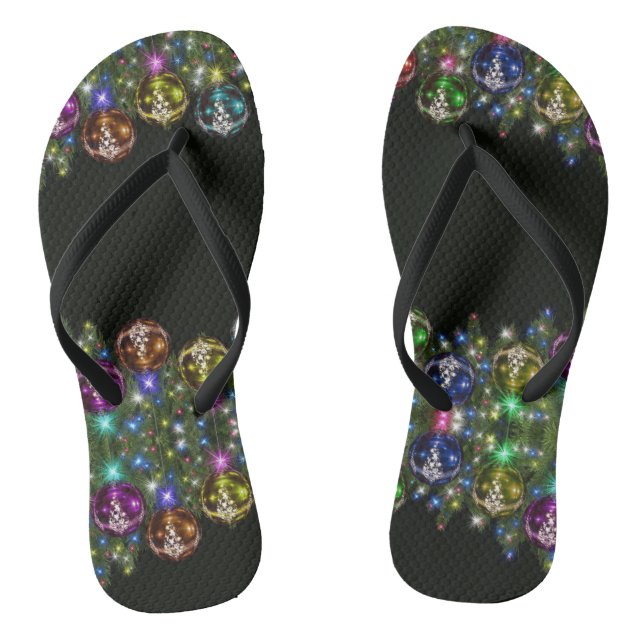 Christmas Colourful Ornaments Holidays Black Flip Flops (Footbed)