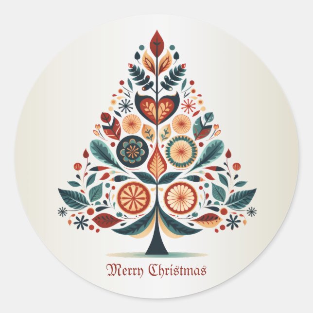 Christmas Colourful Tree Scandinavia Folk Art Classic Round Sticker (Front)
