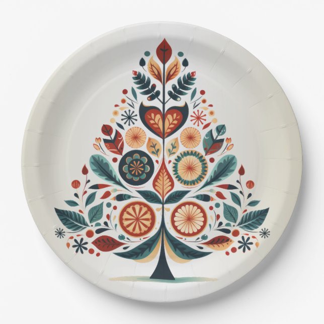 Christmas Colourful Tree Scandinavia Folk Art Paper Plate (Front)