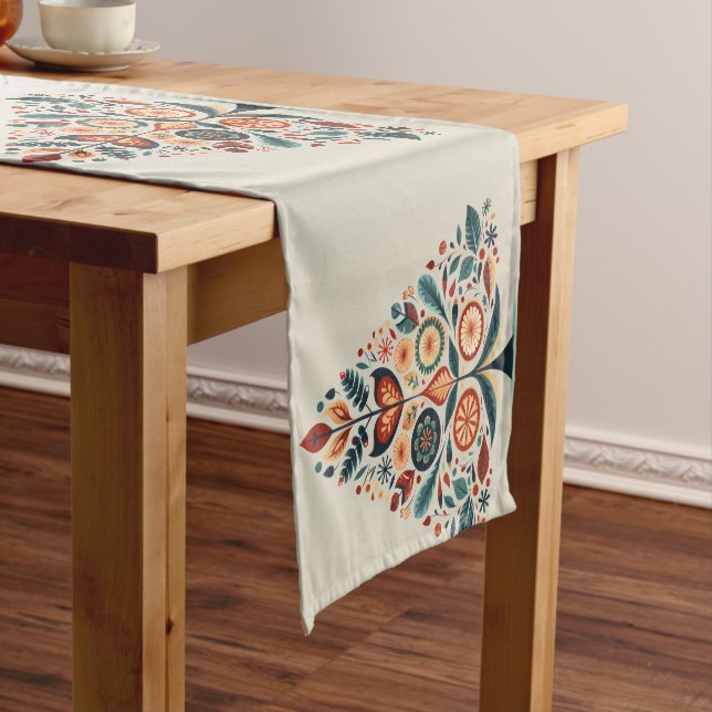 Christmas Colourful Tree Scandinavia Folk Art Short Table Runner (In Situ)
